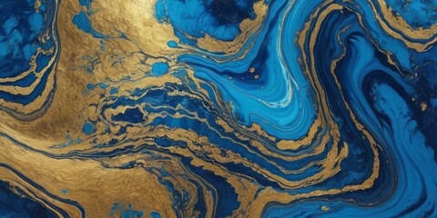 Blue and purple marble and gold abstract background texture. Indigo ocean blue marbling style swirls of marble and gold powder