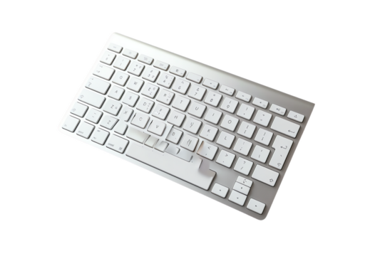 A grey computer keyboard with various keys for letters, symbols, and numbers sits alone on a white background