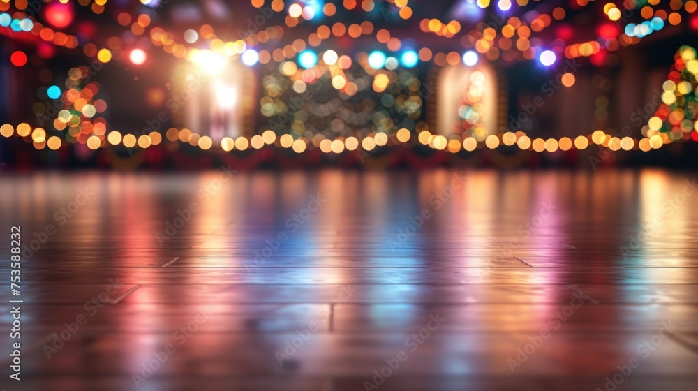 Poster the scene is an empty dance floor with vibrant bokeh lights and colorful decorations, ideal for even