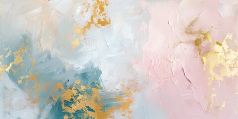 An abstract painting with pastel pinks and blues, interspersed with gold accents, offering a perfect artistic touch for home decor or as a source of inspiration for graphic designers and artists.