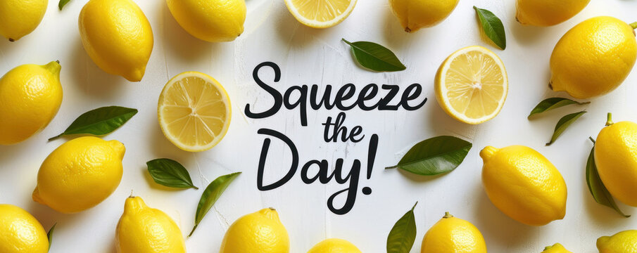 Fresh yellow lemons scattered around with green leaves and the motivational phrase "Squeeze the Day!" on a white surface, perfect for a healthy lifestyle blog or a juice bar advertisement.