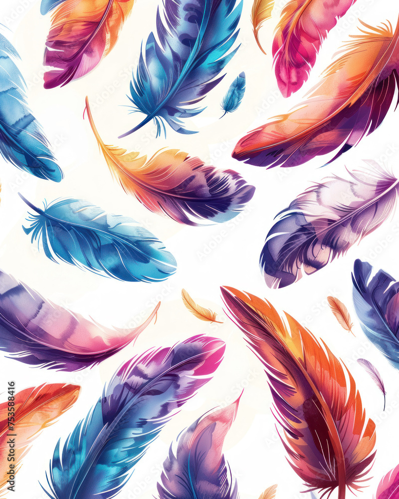 Poster vibrant feathers in a dynamic array of colors and patterns, creating a lively and energetic composit