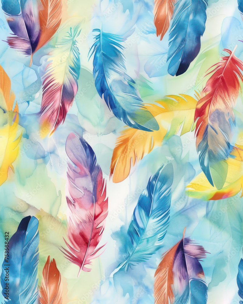 Poster a pattern of floating feathers in various hues on a watercolor-like blue background, creating an art