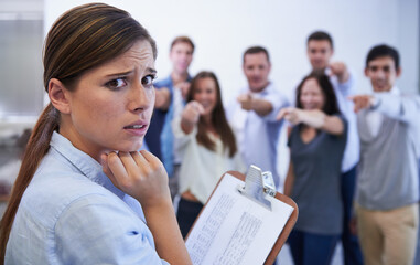Woman, business and anxious in meeting, mental health and bully in office by staff and coworkers....