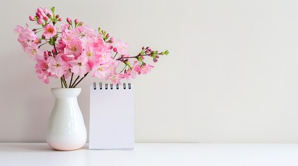 Mockup white desk calendar and pink flowers in a vase on a light background. Spiral calendar for mockup template advertising and branding,generative ai
