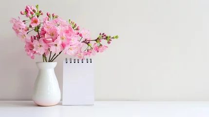 Fotobehang Mockup white desk calendar and pink flowers in a vase on a light background. Spiral calendar for mockup template advertising and branding,generative ai © irvan