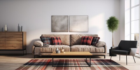 Contemporary living area featuring couch and plaid rug.