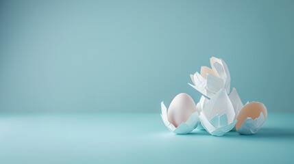 Fototapeta na wymiar A white Easter egg in an origami eggshell. Background in pastel blue in minimalist style.