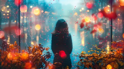 Mystical silhouette of a person amongst autumn leaves and ethereal lights. dreamy, atmospheric scene. captivating artistic image. AI