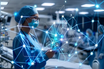 Medical network connection interface over modern hospital background. Healthcare and medical technology concept.