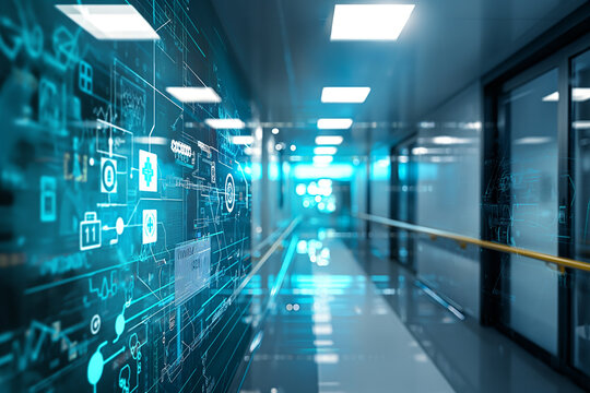 Medical network connection interface over modern hospital background. Healthcare and medical technology concept.