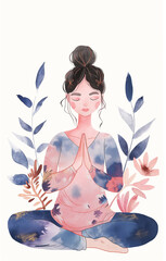 A tranquil illustration depicts a woman in meditation surrounded by peaceful botanicals