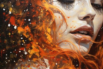 red haired woman  face closeup portrait. Spark and fire within. 