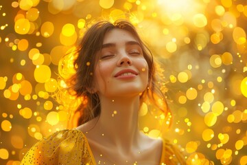 Fototapeta premium Cheerful young woman enjoying golden magic lights background
