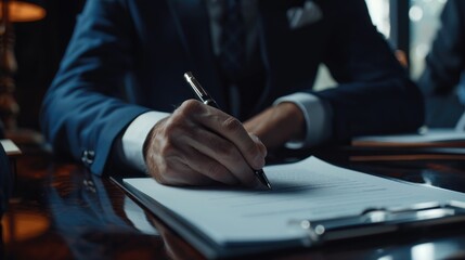 a businessman, wearing a suit, as he diligently completes a contract, the shot is taken from a medium distance, angled from the left and front