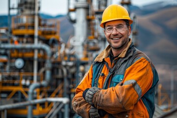 Confident worker with arms crossed standing in a mountain gas field