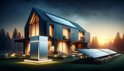 Battery powers modern house with solar energy, eco-friendly, innovative design. Eco-friendly house uses battery and solar, clean energy, modern design.