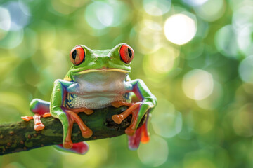 Fototapeta premium Vibrant red-eyed tree frog on branch against a softly blurred green backdrop. Funny frog in rainforest
