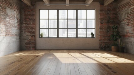 Empty room with big window in loft style. Wooden floor and brick wall in a modern interior.