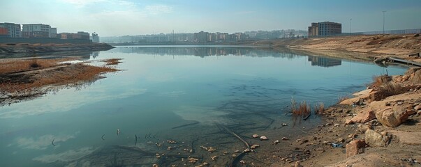 Evaporating city reservoir, low water levels exposing previously submerged areas, water scarcity alert.