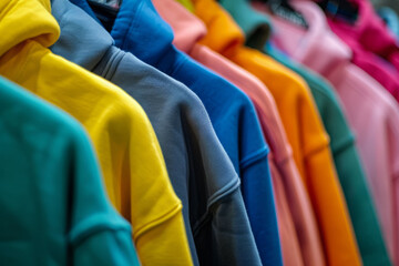 Variety of hoodies in bright colors arranged on hangers in store. Collection of clothes in wardrobe - obrazy, fototapety, plakaty