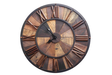 Vintage wooden wall clock with Roman numerals on transparent background