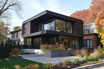 A modern minimalist house tucked away on a quiet street in the heart of the city - obrazy, fototapety, plakaty