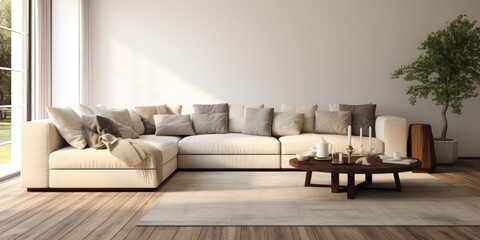 Bright, white living room with large rug on dark wooden floor and beige corner sofa with cushions.