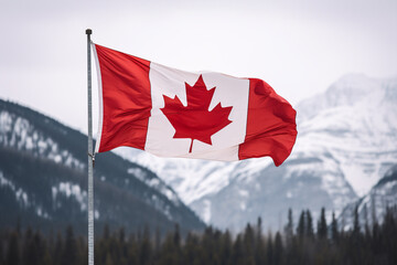 Canadian flag blowing in wind with snow mountains in background