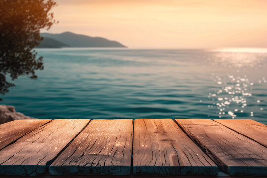 Wooden table in front of sea and sunset - can be used for display or montage your products