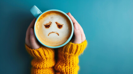 Woman holding a cup of coffee with a sad face on it