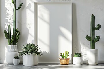 Rectangular Vertical Frame Mockup in a Scandi Style Interior, Adorned with Green Succulents and Cacti on a Floor, Set Against an Empty Neutral White Wall with Peeling Paint