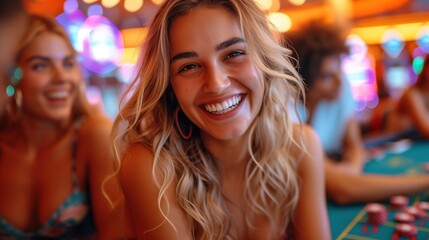 happy people playing blackjack  in casino