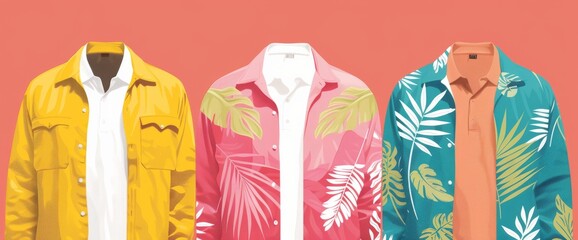Three Mens Shirts Aligned Against Pink Background