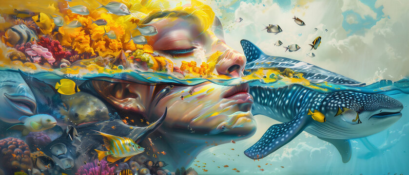 Female mermaid in the sea, whale and fish underwater. Hyperrealistic, photographic quality marine life.