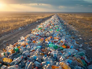 Melting plastic waste in landfill, releasing toxic fumes, underlining pollution and heat issues. - obrazy, fototapety, plakaty