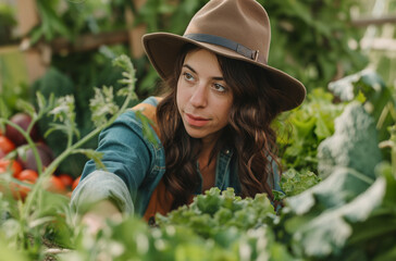 Gardener kneeling and examining plants. Focused woman gardener kneeling and inspecting fresh green vegetables in a lush garden