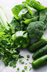 Fresh green vegetables on a light background. Various fresh green vegetables arranged on a light background, including broccoli, bok choy, bell pepper, and jalapeños - obrazy, fototapety, plakaty