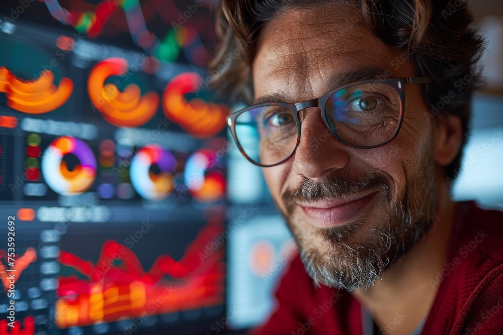 Poster close-up of a smiling businessman with financial graphs in background