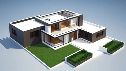 Modern residential house with green lawn on a white background, 3D rendering.