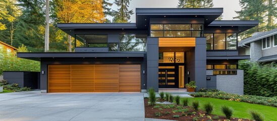 A luxury contemporary house with a dark grey exterior features a modern garage door made to look like brown wood with horizontal glass windows, situated on a concrete driveway. © Lasvu