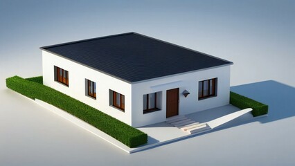 3D rendering of a modern single-story house with a dark roof and white walls on a white background with green lawn.