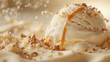 Obraz na płótnie Canvas Ice cream with almonds and caramel sauce.