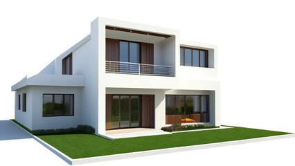 Modern two-story house with a white facade, large windows, and green lawn on a white background.