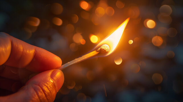 A lit match in hand with bokeh background.