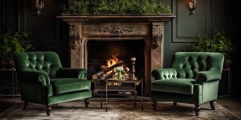 Green armchairs near the fireplace with a vintage touch