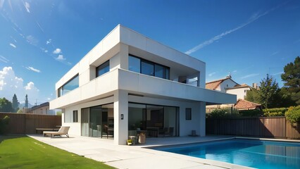 Modern two-story house with pool and garden on a clear day. - obrazy, fototapety, plakaty