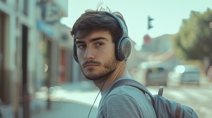 Young man walking in the city with headphones, casual urban style, enjoys music. sunny day lifestyle scene, street fashion. headphones as a daily accessory. AI