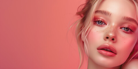 blonde woman with pink and brown makeup on a pink background, monochrome palette, light chic concept, decorative cosmetics advertising, fashion and beauty