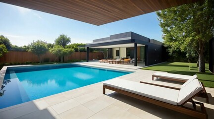 Modern backyard with a swimming pool, sun lounger, and a stylish house surrounded by trees.